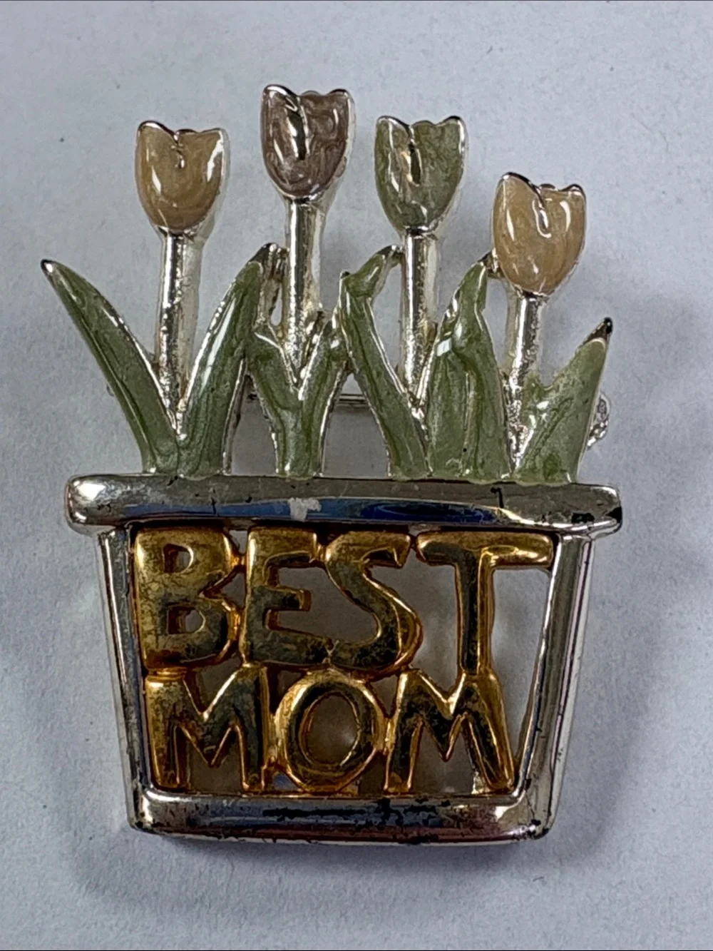 Best Mom Tulip Pot Brooch - Gold & Green Enamel